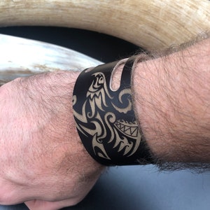 Laser Engraved Eagle Leather Cuff : Viking Norse Bracelet