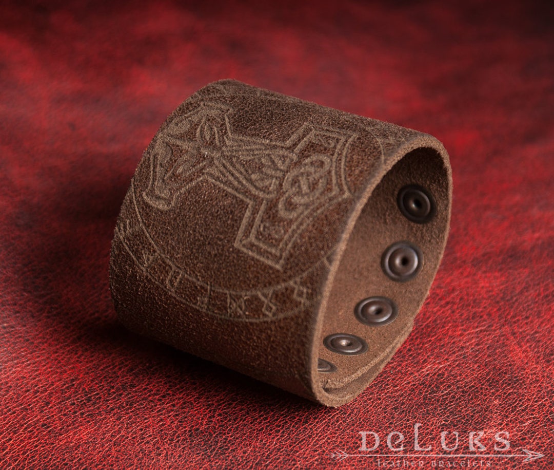 Thor Hammer Leather Bracelet , Thor Hammer Cuff , Vikings Pagan Leather