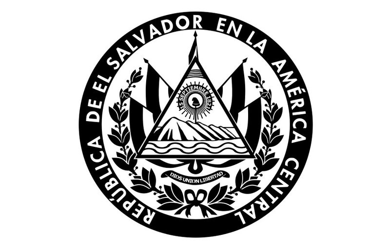 May include: Black and white seal with the text "REP&Uacute;BLICA DE EL SALVADOR EN LA AM&Eacute;RICA CENTRAL" around the outside. The center of the seal features a triangle with a mountain range, a body of water, and the text "DIOS UNION LIBERTAD".