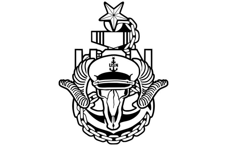 May include: Black and white illustration of a US Navy anchor with a star and a sailor's hat with the letters USN on it.