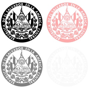 May include: Black, pink, and gray versions of the official seal of El Salvador. The seal features a triangle with a mountain, a sun, and a banner with the text "REPUBLICA DE EL SALVADOR EN LA AMERICA CENTRAL".