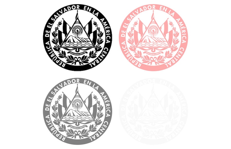 May include: Black, pink, and gray versions of the official seal of El Salvador. The seal features a triangle with a mountain, a sun, and a banner with the text "REPUBLICA DE EL SALVADOR EN LA AMERICA CENTRAL".