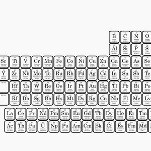 May include: A black and white periodic table of elements chart with the chemical symbols and atomic numbers for each element.