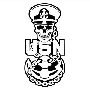 May include: Black and white illustration of a skull wearing a US Navy officer's hat and holding a chain-wrapped anchor. The skull is wearing a hat with the letters "USN" on it. The text "USN" is below the skull.