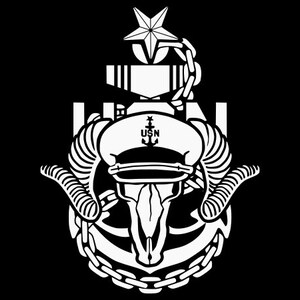 May include: Black and white illustration of a skull with ram horns, a naval officer's hat with the letters "USN" on the front, and an anchor with a chain.