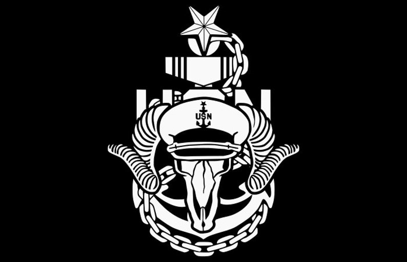 May include: Black and white illustration of a skull with ram horns, a naval officer's hat with the letters "USN" on the front, and an anchor with a chain.