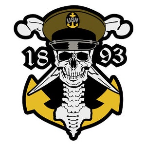May include: A black and white skull wearing a green military hat with the text "USN" on it. The skull is holding two crossed swords and has a yellow anchor behind it. The text "1893" is on either side of the skull.