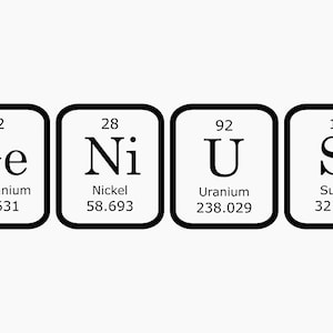 Puede incluir: Sobre un fondo blanco, la palabra «GENIUS» se forma con los símbolos de la tabla periódica: Ge, Ni, U y S. Cada elemento está en un recuadro con borde negro con su número atómico y nombre.