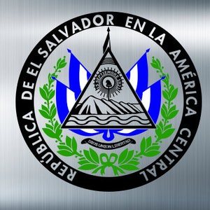 May include: The national coat of arms of El Salvador, featuring a black triangle with a volcano and a rising sun, surrounded by a laurel wreath and the text "REP&Uacute;BLICA DE EL SALVADOR EN LA AM&Eacute;RICA CENTRAL".