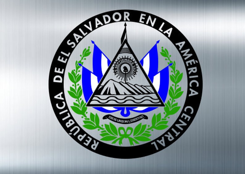 May include: The national coat of arms of El Salvador, featuring a black triangle with a volcano and a rising sun, surrounded by a laurel wreath and the text "REP&Uacute;BLICA DE EL SALVADOR EN LA AM&Eacute;RICA CENTRAL".