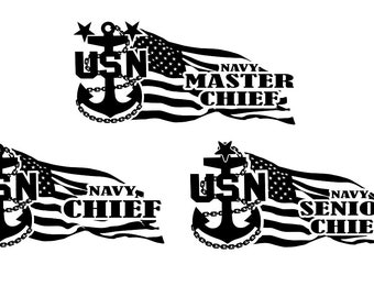 Les 3 Navy Chief, Senior, Master Chief ancre avec des fichiers vectoriels svg et png du drapeau américain