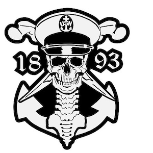 May include: Black and white illustration of a skull wearing a sailor hat with the text "USN" and crossed anchors. The skull is wearing a hat with a black band and a white brim. The text "1893" is on either side of the skull.