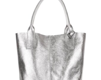silver leather tote