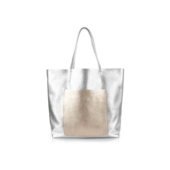 silver leather tote