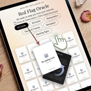 May include: A digital Red Flag Oracle on a tablet screen. The screen displays card options like "Romantic" and "Workplace." The cards are white with the text "The Apology Cycle." A hand icon hovers over the cards, suggesting interaction.