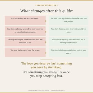 May include: An informational graphic titled What changes after this guide: by HealingWithRoseCo. It features two columns of text in pink and light green boxes, listing personal growth steps, followed by the text: The love you deserve isn't something you earn by shrinking. It's something you recognize once you stop accepting less. CHOOSE PEACE, NOT POTENTIAL.