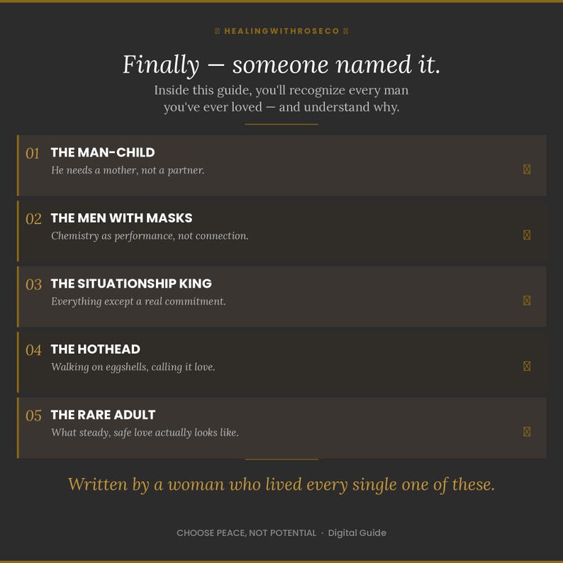 May include: A dark gray digital guide titled Finally - someone named it. It lists five categories: The Man-Child, The Men With Masks, The Situationship King, The Hothead, and The Rare Adult, each with a brief description and a small square icon.