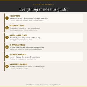 May include: A digital guide titled Everything inside this guide by HealingWithRoseCo. It lists six sections including 9 Chapters, Before I Say Yes, Green vs Red Flags, 10 Affirmations, Journal Prompts, and A Letter From Rose with descriptive text.