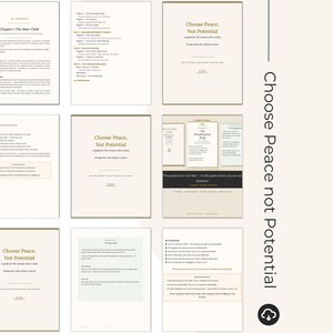 May include: A digital document titled Choose Peace, Not Potential, a guide for the serious who is done doing more who refuse to grow. The pages feature black text on a light background, including chapter lists, reflective prompts, and advice.