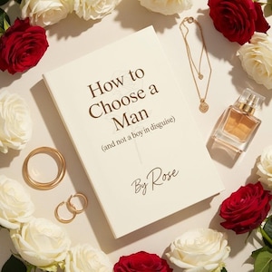 May include: A still-life arrangement featuring a book titled "How to Choose a Man" surrounded by white and red roses. Gold jewelry, including a necklace, earrings, and rings, and a perfume bottle are also present.
