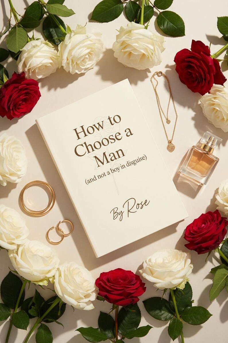 May include: A still-life arrangement featuring a book titled "How to Choose a Man" surrounded by white and red roses. Gold jewelry, including a necklace, earrings, and rings, and a perfume bottle are also present.