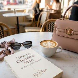 May include: A still life on a marble table features a book titled "How to Choose a Man", sunglasses, a pink handbag, a patterned scarf, and a cup of coffee with latte art. The scene is set in a cafe.
