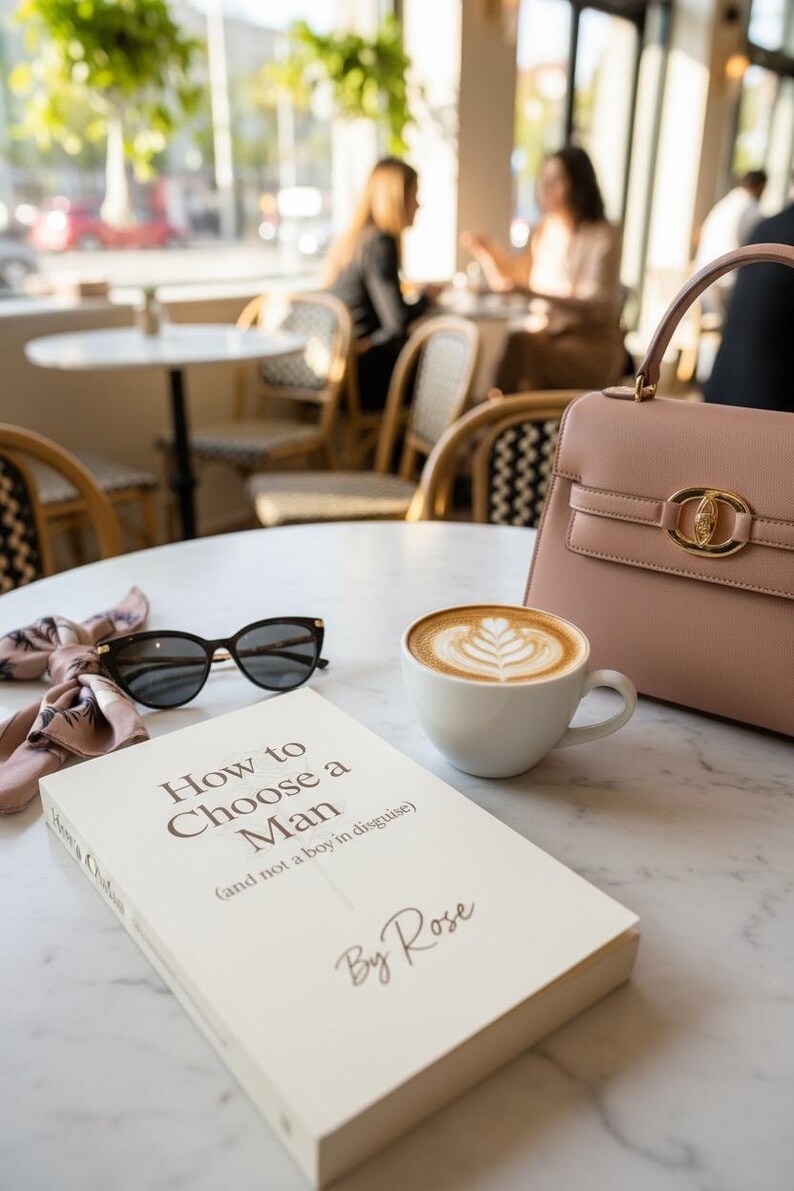 May include: A still life on a marble table features a book titled "How to Choose a Man", sunglasses, a pink handbag, a patterned scarf, and a cup of coffee with latte art. The scene is set in a cafe.