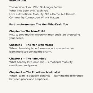 May include: A book page with the title "Introduction" and several bullet points. The text includes phrases like "The Men Who Drain You" and "Emotional Maturity." Chapters are listed with titles such as "The Man-Child" and "The Men with Masks."