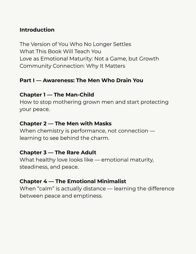 May include: A book page with the title "Introduction" and several bullet points. The text includes phrases like "The Men Who Drain You" and "Emotional Maturity." Chapters are listed with titles such as "The Man-Child" and "The Men with Masks."