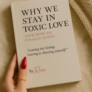 K&ouml;nnte beinhalten: Ein Buch mit dem Titel "WHY WE STAY IN TOXIC LOVE" und dem Untertitel "(AND HOW TO FINALLY LEAVE)". Das Cover ist hellbeige mit schwarzem Text. Der Name des Autors, "Rose", steht unten. Ein Zitat ist ebenfalls enthalten.