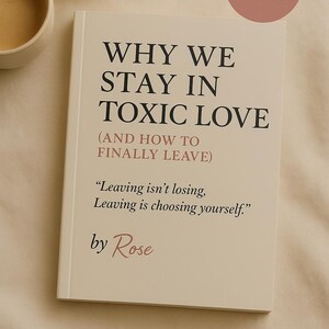 K&ouml;nnte beinhalten: Ein Buch mit dem Titel "WHY WE STAY IN TOXIC LOVE" mit dem Untertitel "(AND HOW TO FINALLY LEAVE)". Das Cover zeigt Text und ein Zitat von Rose. Ein Aufkleber "Bonus Included" ist sichtbar. Der Satz "Instant Download Now" ist ebenfalls vorhanden.