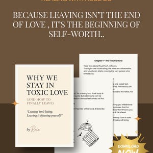 K&ouml;nnte beinhalten: Bild eines Buchcovers mit dem Titel "Warum wir in toxischer Liebe bleiben" mit dem Text "Verlassen ist nicht Verlieren. Verlassen ist, sich selbst zu w&auml;hlen." Der Hintergrund enth&auml;lt Text &uuml;ber toxische Liebe und einen "Download Now"-Button.