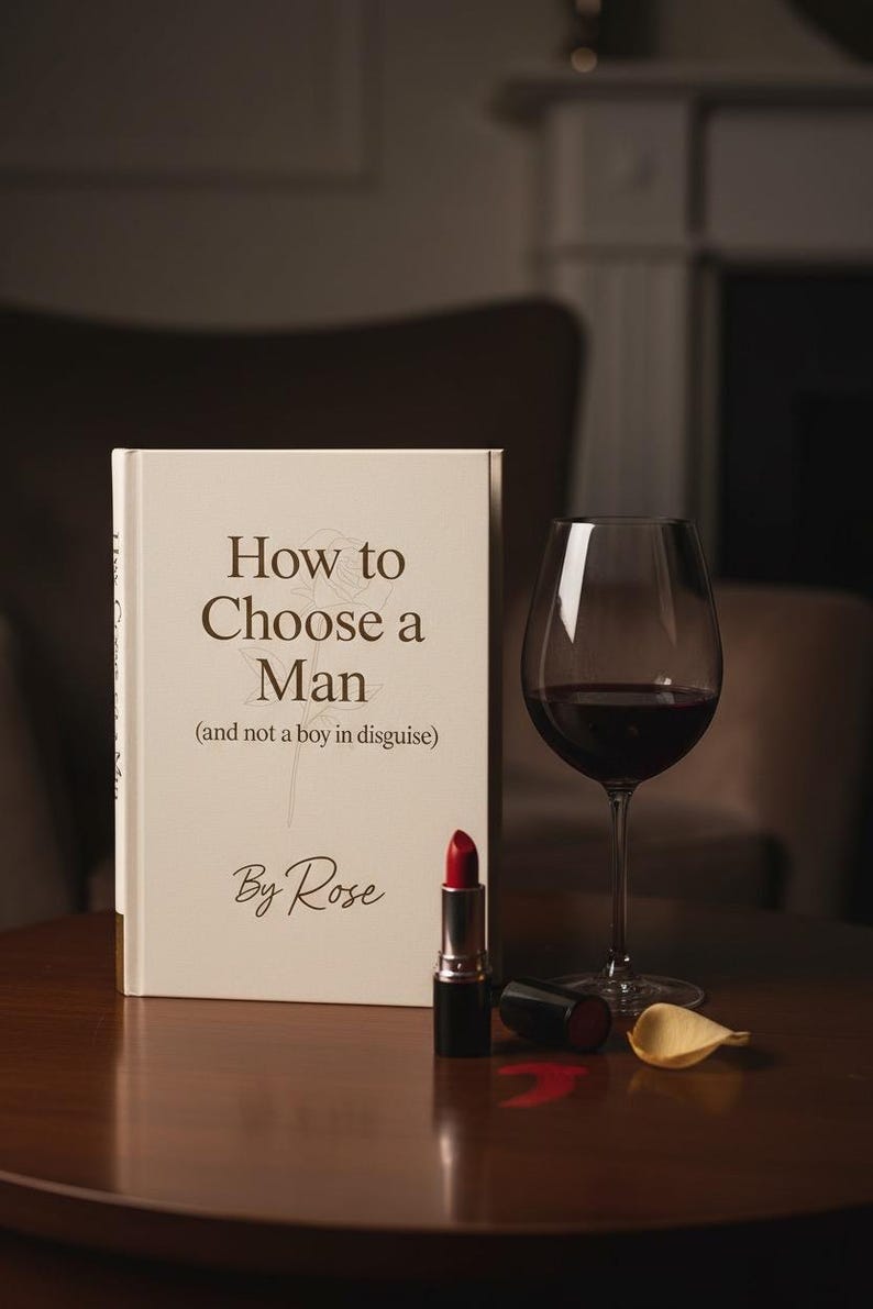 May include: A book titled "How to Choose a Man (and not a boy in disguise)" by Rose, a glass of red wine, and a red lipstick on a wooden table. A lipstick tube and a petal are also on the table.