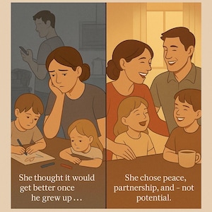 May include: An illustration with the text "How to Choose a Man, Not a Boy." The image is split into two scenes: one depicting a woman and children looking sad, and the other showing a happy family. Text reads "One decision changes everything."