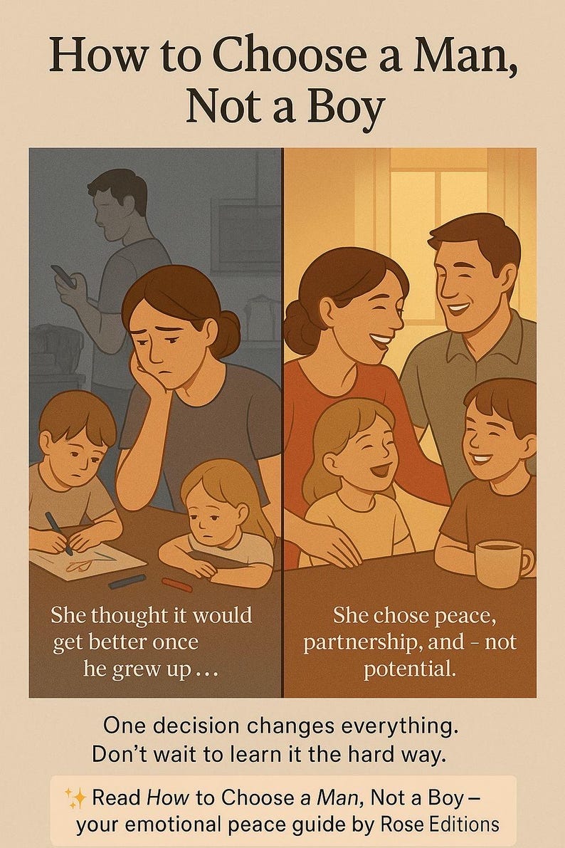 May include: An illustration with the text "How to Choose a Man, Not a Boy." The image is split into two scenes: one depicting a woman and children looking sad, and the other showing a happy family. Text reads "One decision changes everything."