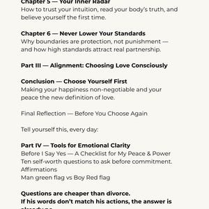 May include: Text from a book or guide, with headings like "Awakening: Returning to Yourself" and "Tools for Emotional Clarity." Includes phrases such as "Choose Yourself First" and "Questions are cheaper than divorce."
