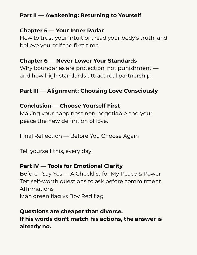 May include: Text from a book or guide, with headings like "Awakening: Returning to Yourself" and "Tools for Emotional Clarity." Includes phrases such as "Choose Yourself First" and "Questions are cheaper than divorce."