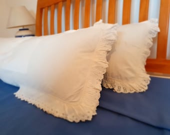2 Vintage French White Cotton Long Pillow Cases/Traversin/Bolster Covers with Lace Detail