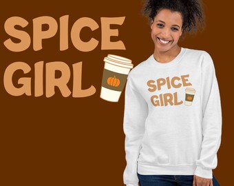 May include: White sweatshirt with the text "Spice Girl" and a cartoon image of a coffee cup with a pumpkin on it.