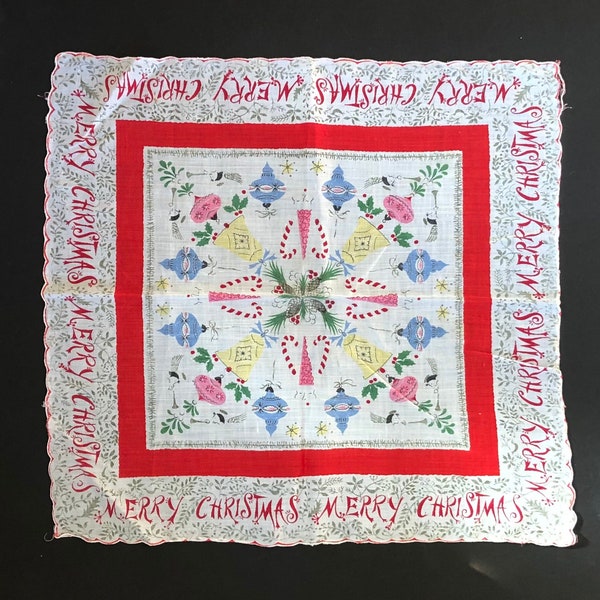 Vintage Mid-Century "Merry Christmas" Handkerchief with Ornaments and Candy Canes