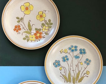 Groovy Hearthside “Garden Festival” Stoneware Dinner Plates, Three Plates: Two “Highland Flowers” Design, One “Sunshine Flowers” Design