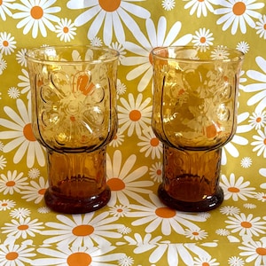Vintage Flower Power Golden Amber Glass Libbey Glasses, “Country Garden” Daisy Pattern, Pair