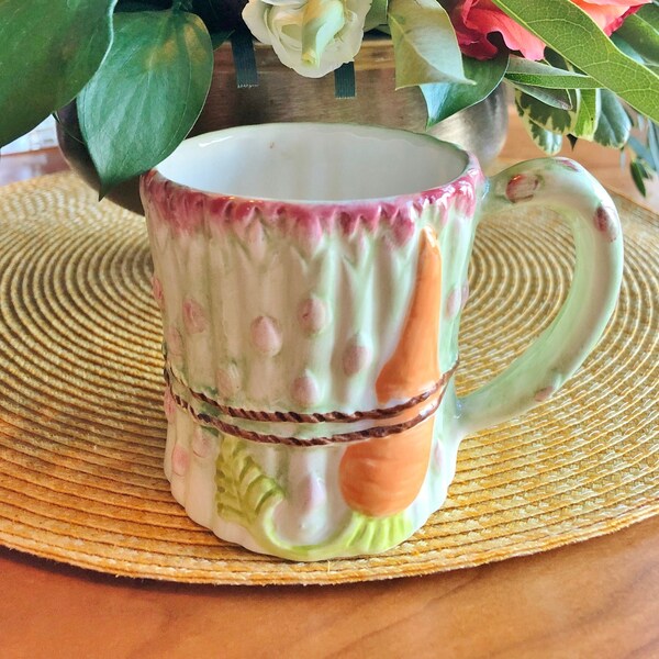 Hand-Painted Takahashi Trompe L’oeil Vegetable Mug with Asparagus and Carrot