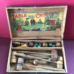 Antique Victorian Tabletop Croquet Set in Original Box with Paper Illustration