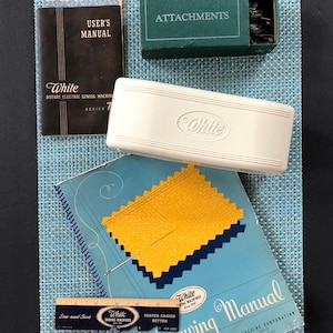 Vintage 1947 White Sewing Machine (Series 77) Accessories, Buttonholer, Owner’s Manual, Sewing Guide, and “Ruffler” Attachment