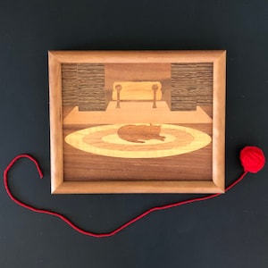 Inlaid Marquetry &quot;Cat by the Fire&quot; Vintage Wall Art