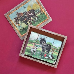 Antique Wooden Block Puzzle with Farm Scenes