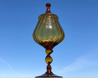 Beautiful Mid-Century Golden Glass Empoli Glass Apothecary Jar with Lid