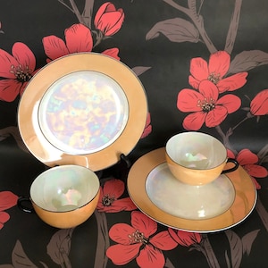 Lovely Antique Czechoslovakian Peach Luster Tea/Coffee Cups and Snack Plates, Set of Two