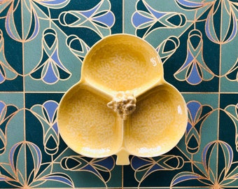 Vintage Yellow Three-Leafed Clover “Clubs” Divided Ceramic Serving Dish with Flower Finial